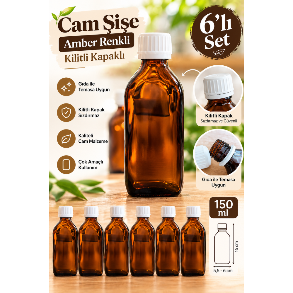Cold Brew Şişesi 150 ml Amber Cam Şişe | Kapaklı 6 Adet Kahve Şişesi