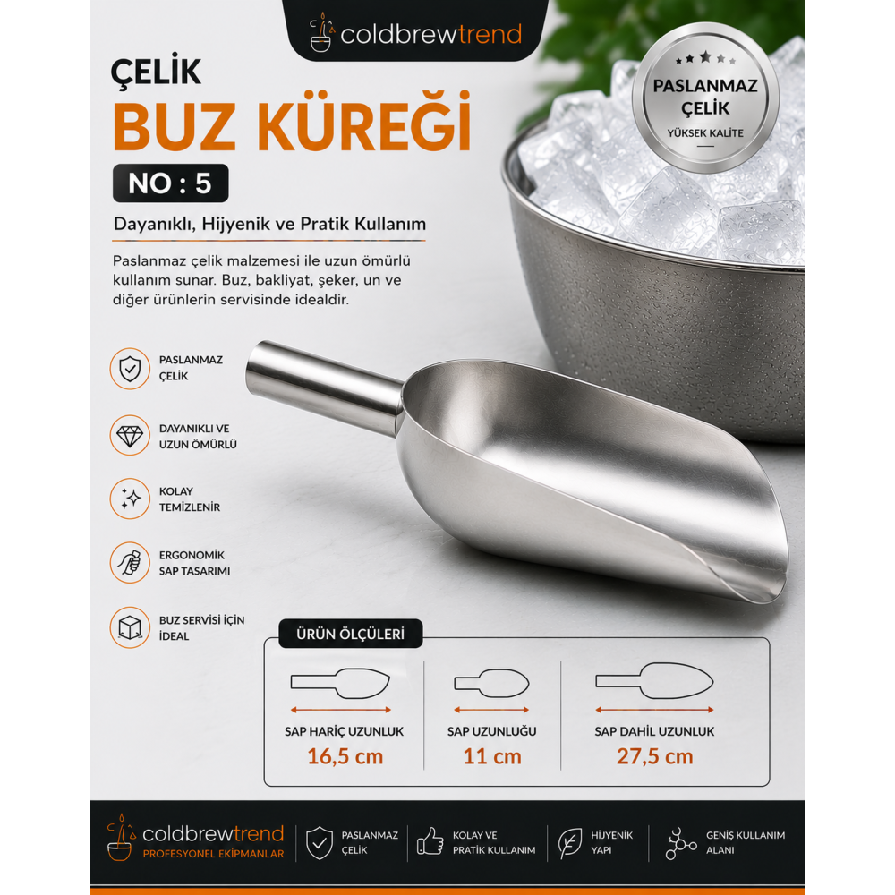 Paslanmaz Çelik Buz Küreği No: 5 - Metal Un Şeker Bakliyat Küreği