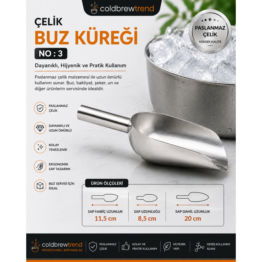 Paslanmaz Çelik Buz Küreği No: 3 - Metal Un Şeker Bakliyat Küreği