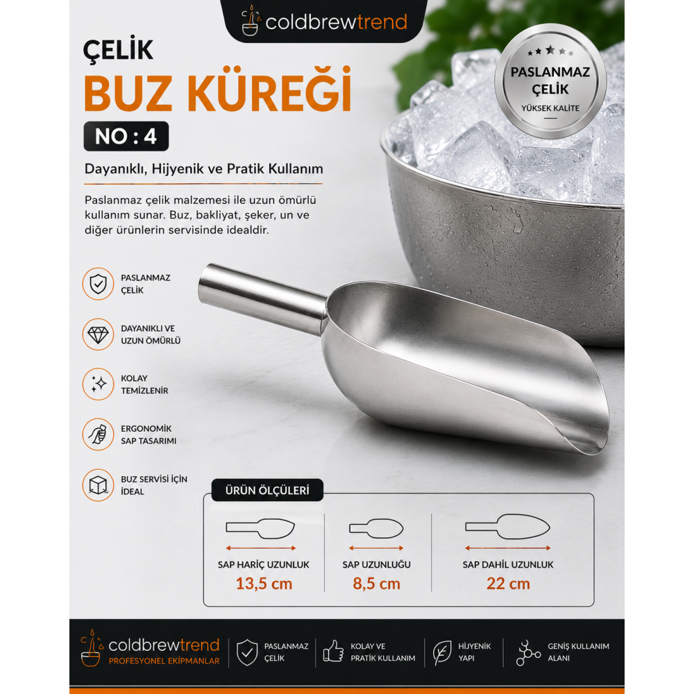 Paslanmaz Çelik Buz Küreği No: 4 - Metal Un Şeker Bakliyat Küreği