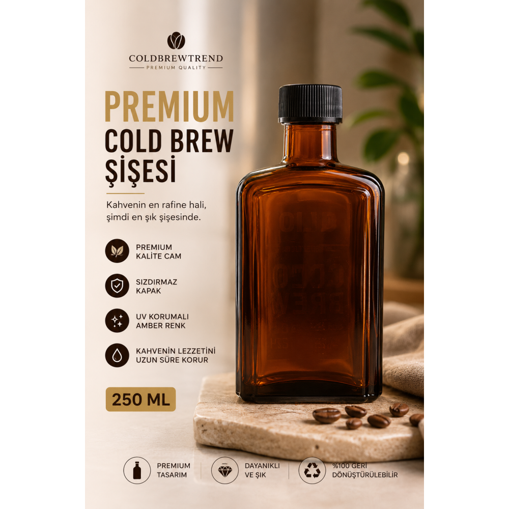 250 ml Premium Amber Cam Cold Brew Şişesi – Siyah Vidalı Kapaklı - 6 Adetli