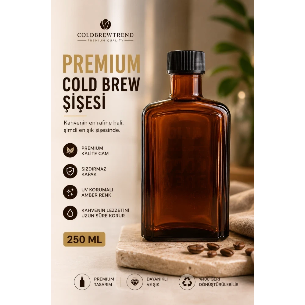 250 ml Premium Amber Cam Cold Brew Şişesi – Siyah Vidalı Kapaklı - 60 Adetli