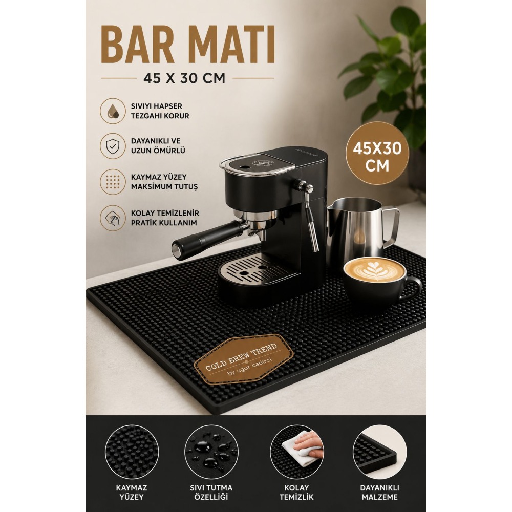 Premium Kaymaz Silikon Bar Matı 45x30 cm – Kahve Makinesi Altlığı, Tezgah Koruyucu, Sıvı Tutucu Siyah