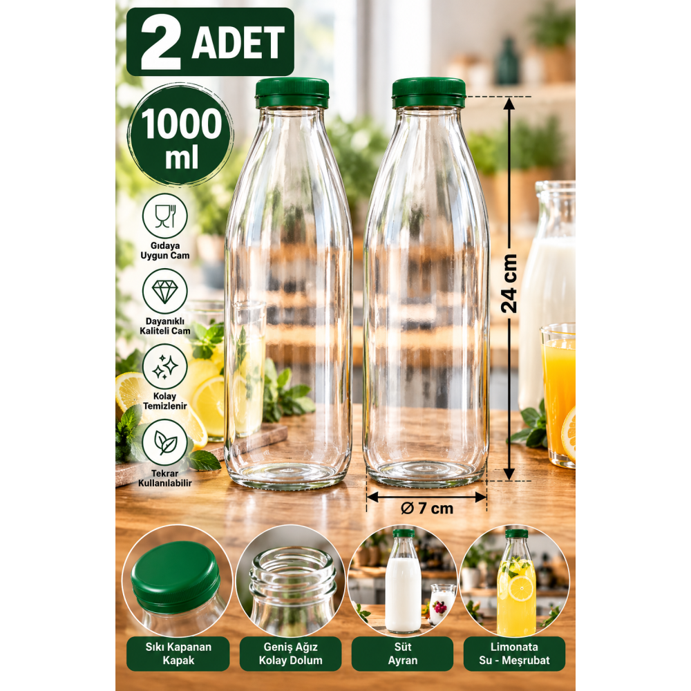 2 Adet 1000 ml  Cam Şişe – Süt, Ayran, Limonata, Su, Meyve Suyu ve Meşrubat Şişesi