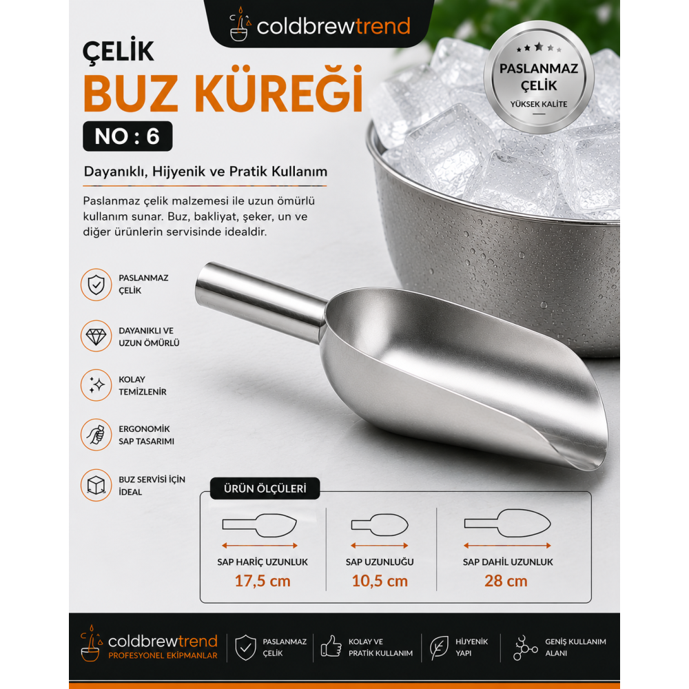 Paslanmaz Çelik Buz Küreği No: 6 - Metal Un Şeker Bakliyat Küreği
