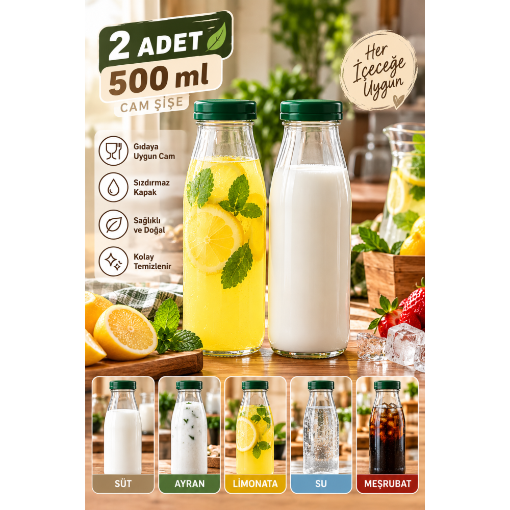 2 Adet 500 ml Yeşil Kapaklı Cam Şişe – Süt, Ayran, Limonata, Su, Meyve Suyu ve Meşrubat Şişesi