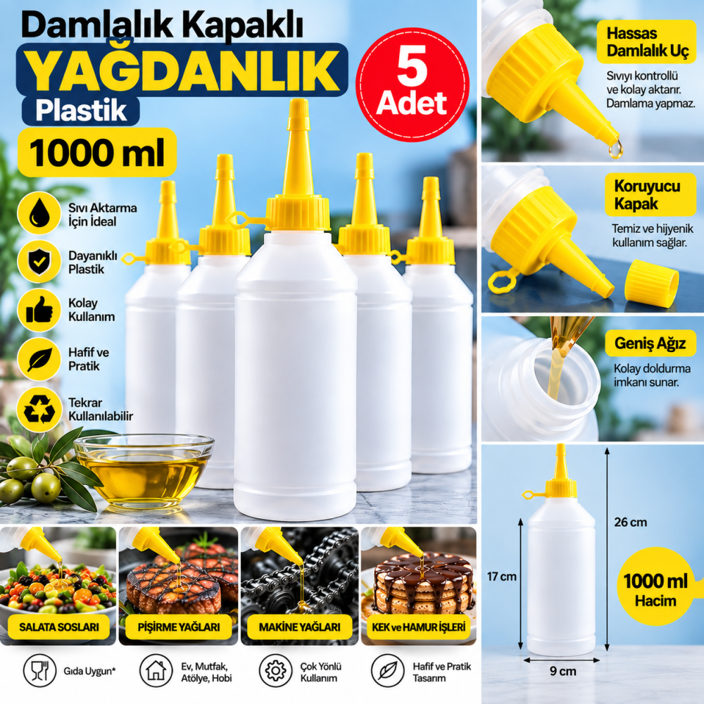 Plastik Damlalık Kapaklı 1000 ml Çok Amaçlı Plastik Yağdanlık - 5 Adet (Piset)