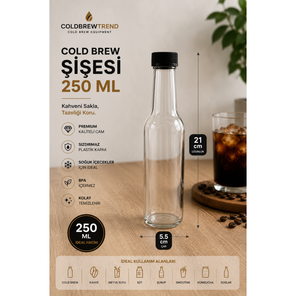 250 ml Premium Cam Cold Brew Şişesi | Sızdırmaz Kapak | 6 Adetli