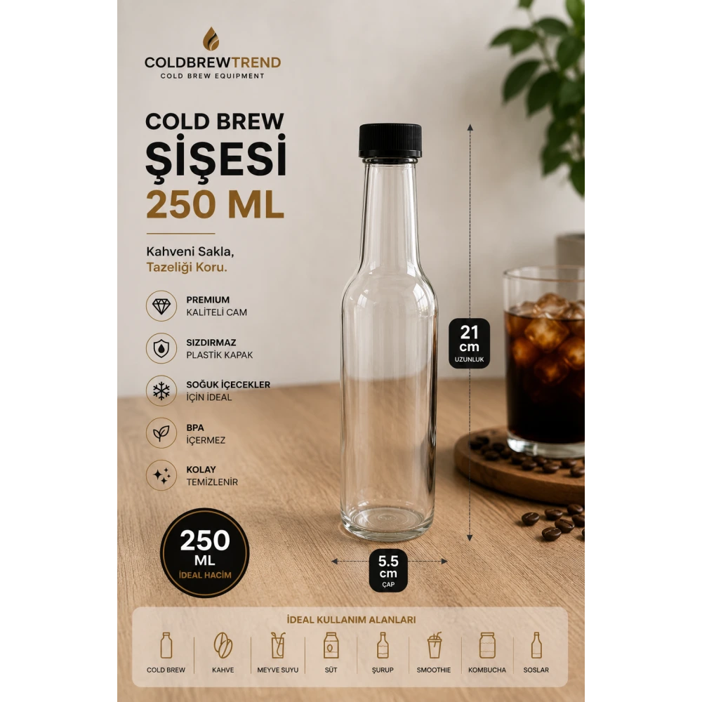 250 ml Premium Cam Cold Brew Şişesi | Sızdırmaz Kapak | 12 Adetli