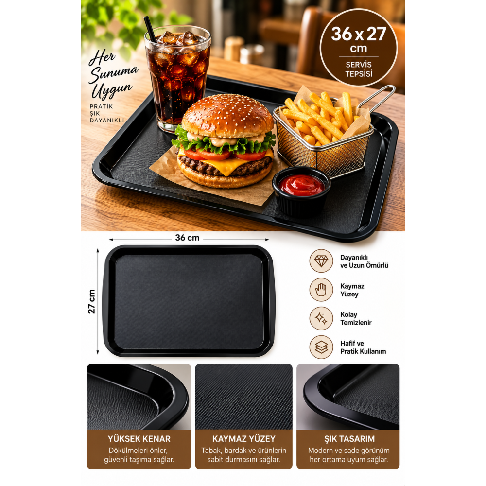 Servis Tepsisi 36x27 cm – 1 Adet – Kafe, Restoran, Fast Food ve Ev Tipi Sunum Tepsisi