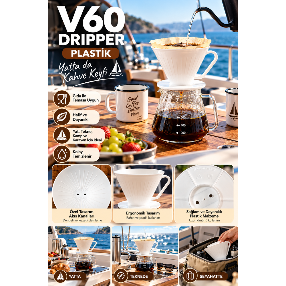 V60 Dripper Plastik Kahve Demleme Aparatı – Gıdaya Uygun Kamp Karavan Seyahat İçin