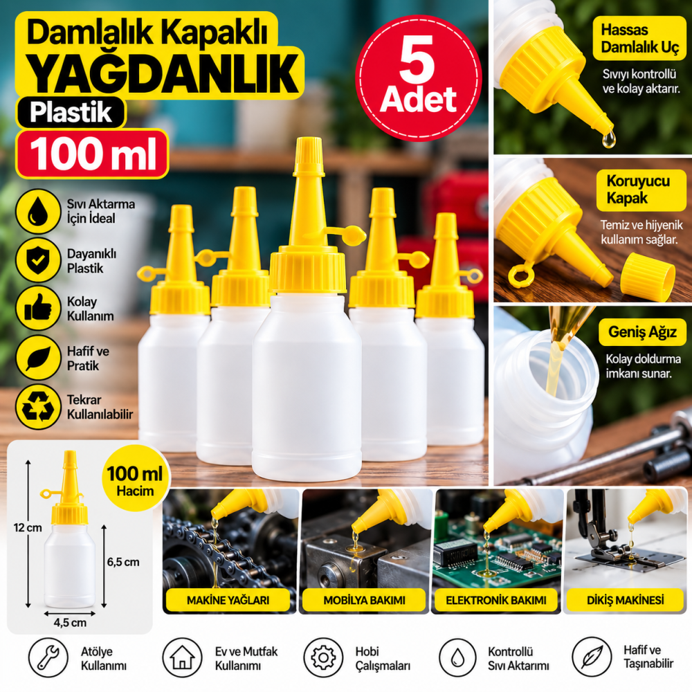 Plastik Damlalık Kapaklı 100 ml Çok Amaçlı Plastik Yağdanlık - 5 Adet (Piset)