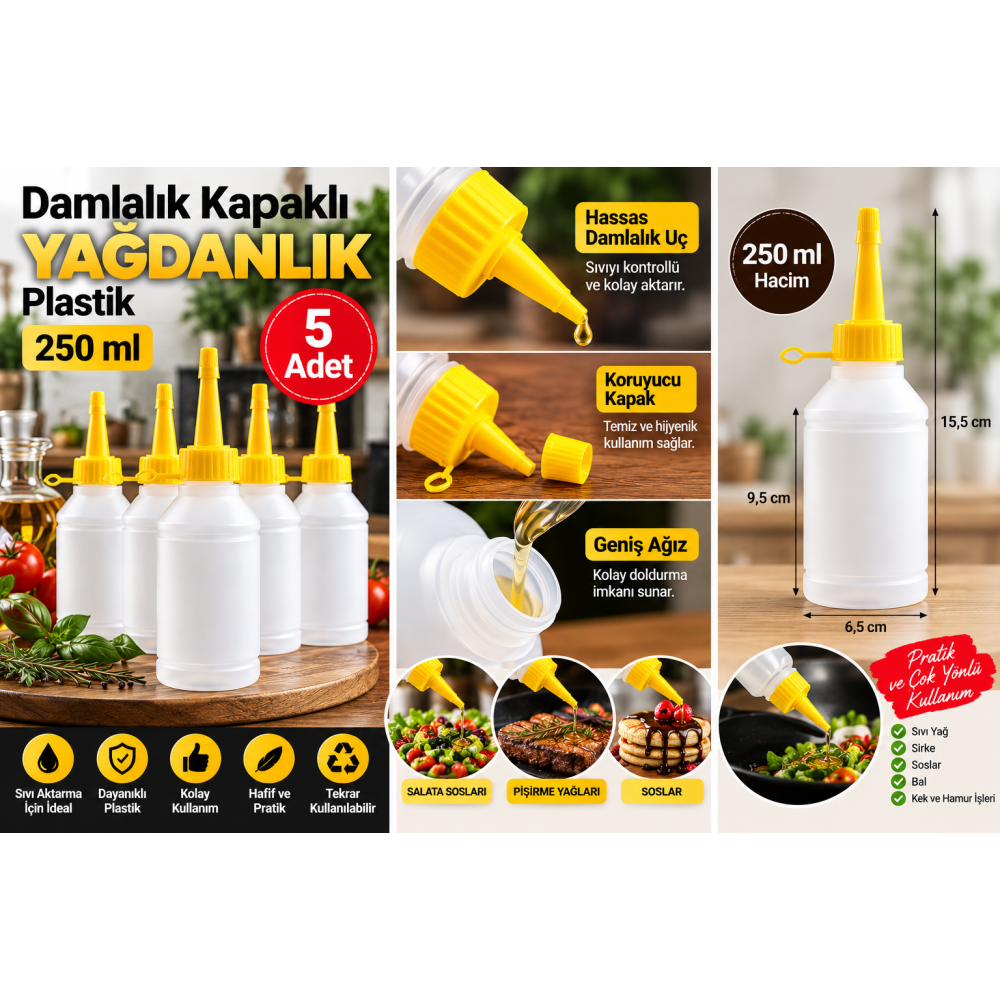 Plastik Damlalık Kapaklı 250ml Çok Amaçlı Plastik Yağdanlık - 5 Adet (Piset)
