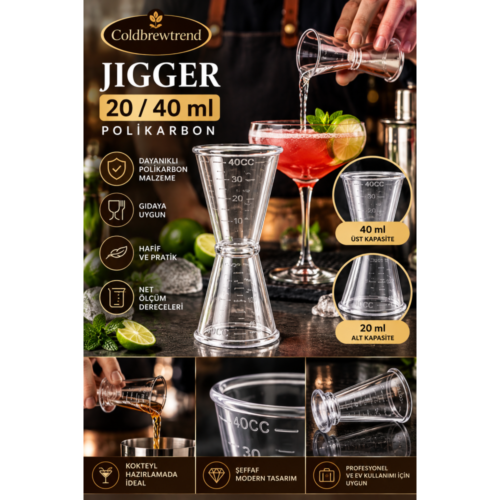 Polikarbon Jigger 20/40 ml – Çift Taraflı Ölçü Kabı