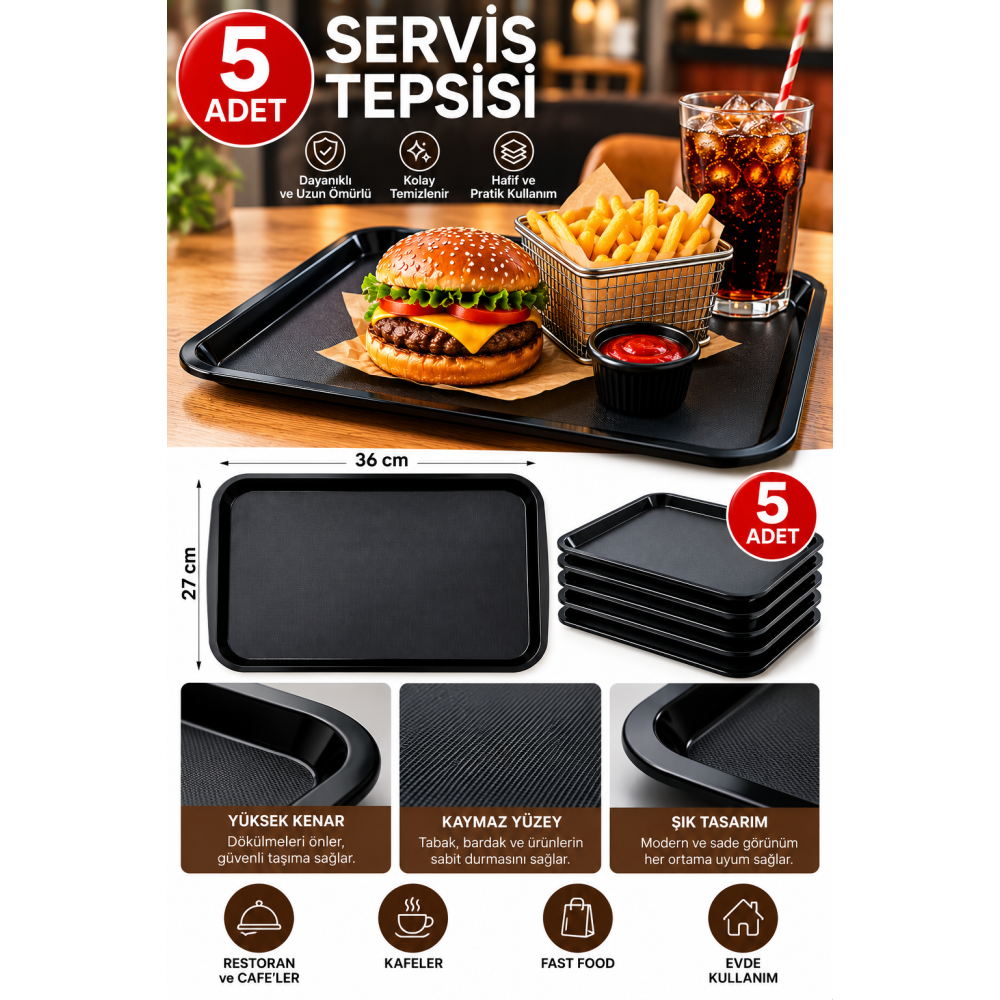 Siyah Servis Tepsisi 36x27 cm – 5 Adetli Set
