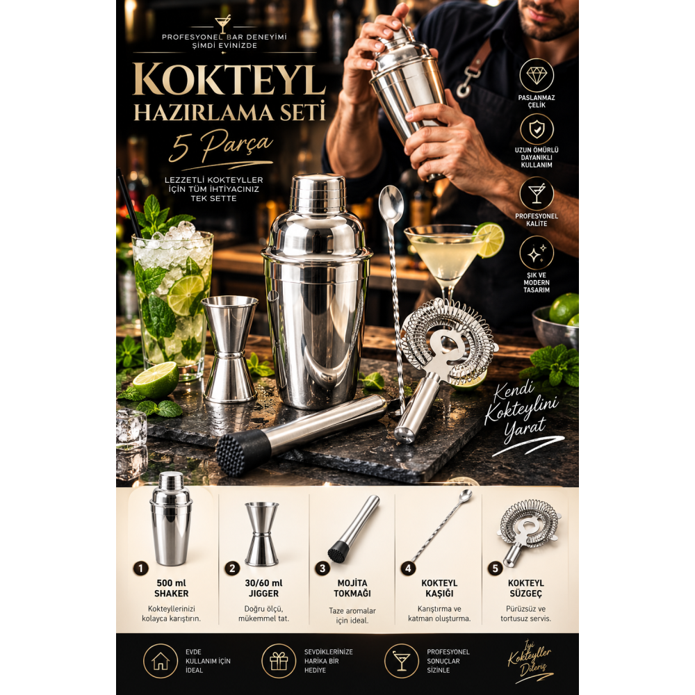 Kokteyl Hazırlama Seti 5 Parça – 500 ml Shaker, Jigger, Mojito Tokmağı, Kokteyl Kaşığı ve Süzgeç